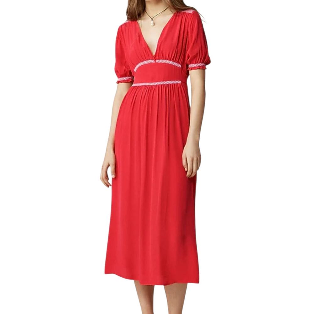 J Crew Smocked Trim Midi Dress Crepe de Chine Red A Line Light V Neck Medium 10